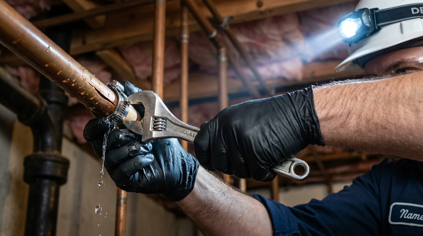 Emergency pipe clamp repair being performed by a Johns Plumbing LLC plumber in Newton