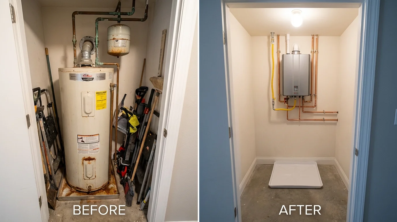 Tank water heater versus wall-mounted tankless unit comparison for Newton, IA homeowners