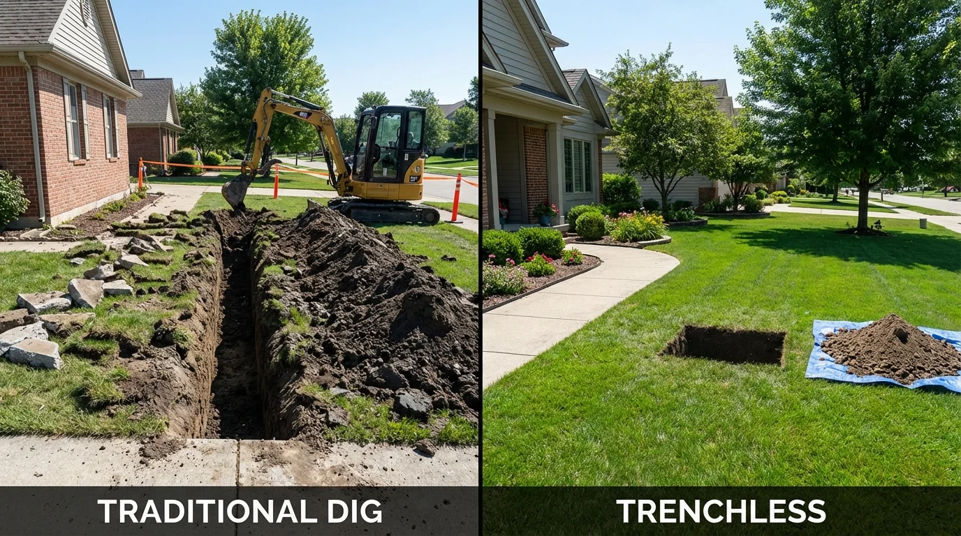 Trenchless sewer repair with minimal yard damage versus traditional excavation in Newton, IA