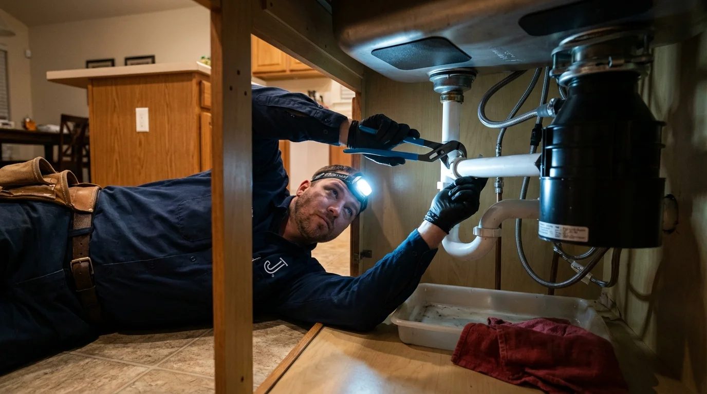 P-trap and supply line connections under a kitchen sink showing a common leak point in Newton, IA
